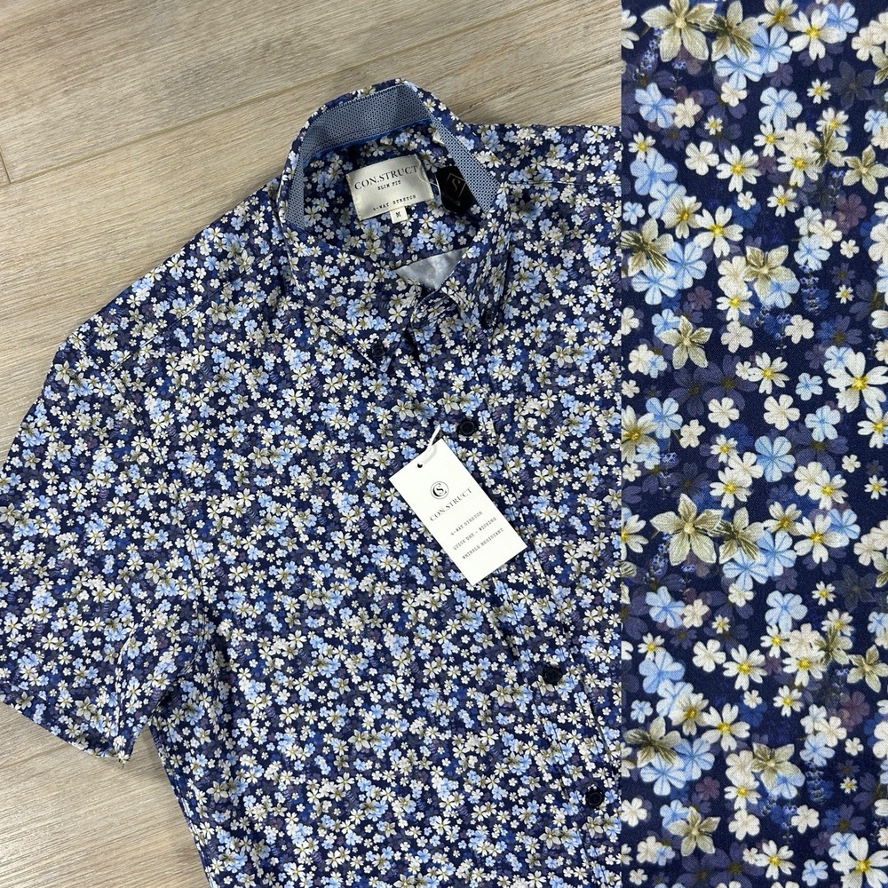 NWT Con.Struct Medium Slim Fit 4-Way Stretch Navy Floral Button Down Shirt